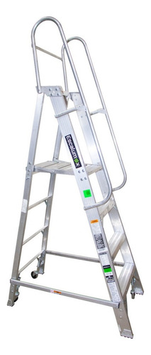 Escalera C/plataforma Pleg 4 Esc, Ruedas Y Barandal Akron Color Plateada