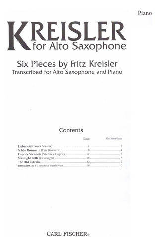 Kreisler For Alto Saxophone, Transcribed For Alto Saxophone