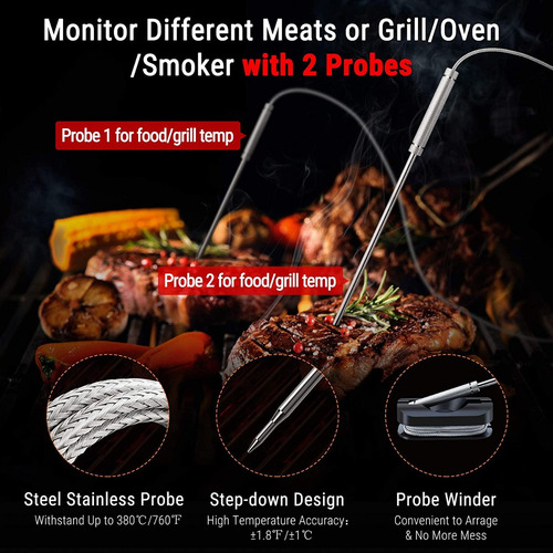 Imagen 5 de 6 de Termometro Bluetooth Thermopro Tp-25h2 2 Sondas Cocina Carne