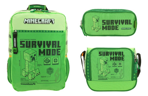 Kit Combo Chenson Mochila Lapicera Lonchera Verde Minecraft