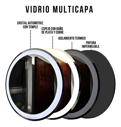 Espejo Led Redondo De Pared Touch Dimmer 70cm Esmerilado Marco Sm