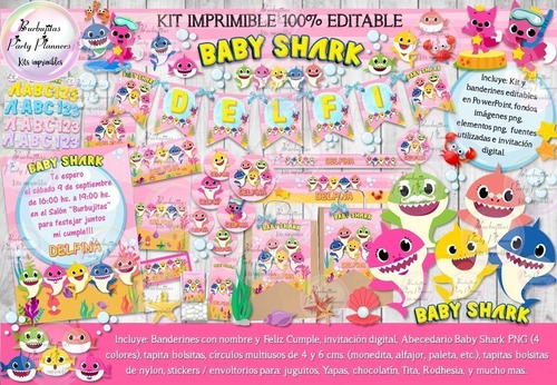 Kit Imprimible Candy Bar Baby Shark Rosa 100% Editable