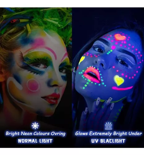 Yeweian Pintura facial de 8 colores que brillan en la oscuridad, maquillaje  de pintura fluorescente fluorescente a base de agua, pintura negra UV
