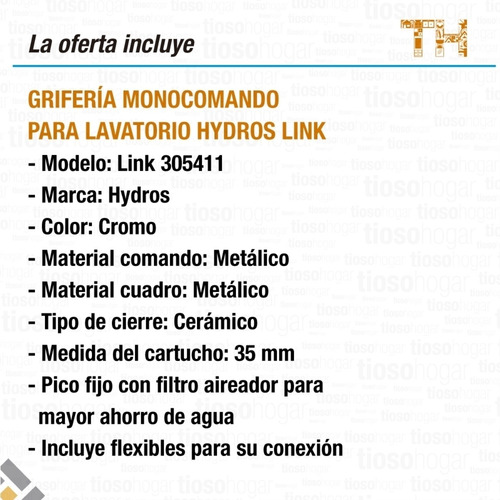 Grifería Lavatorio Hydros Link Canilla Monocomando Baño Casa