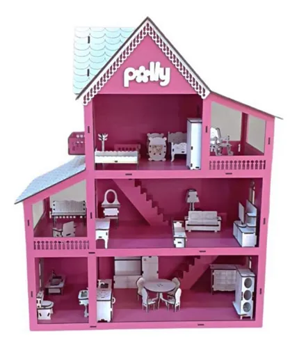 comprar Kit de casa de muñecas y 30 muebles en madera de densidad media pintada de rosa