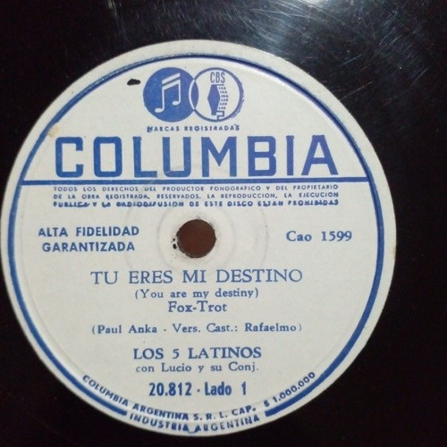 Disco De Pasta 78rpm Los 5 Latinos Tu Eres Mi Destino