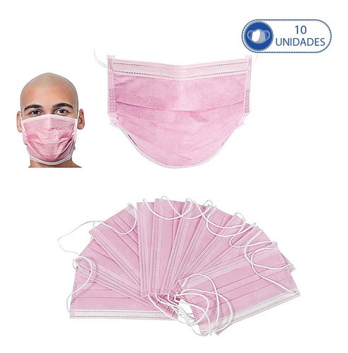 Kit 10 Máscaras Descartáveis Tripla Camada Rosa Claro Desenho do tecido Liso
