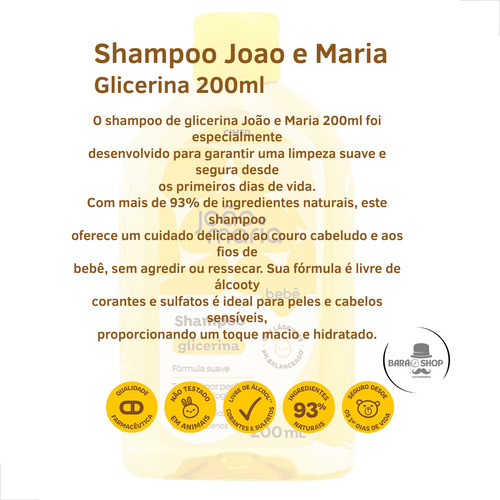 Kit 3 João & Maria Shampoo Glicerina Bebê Rn 200ml Limpeza