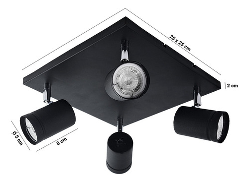 Lampara Plafon Aplique 4 Luces Techo Cabezal Movil Gu10 Led Color Negro/Cromo