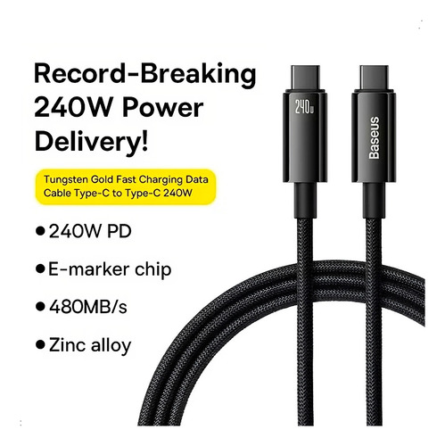 Cable Baseus 240w Usb Tipo C A C De 3 Metros Carga Rapida