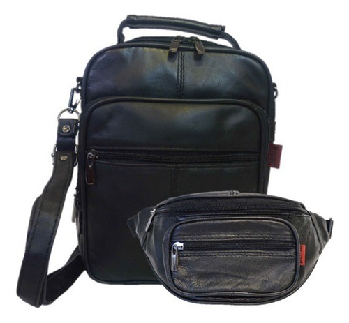 Set Morral Y Riñonera Penta En Cuero - Día Del Padre Negro