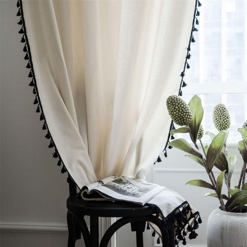 Solid Color Tassel Window Curtains  Semi Blackout Cotto...