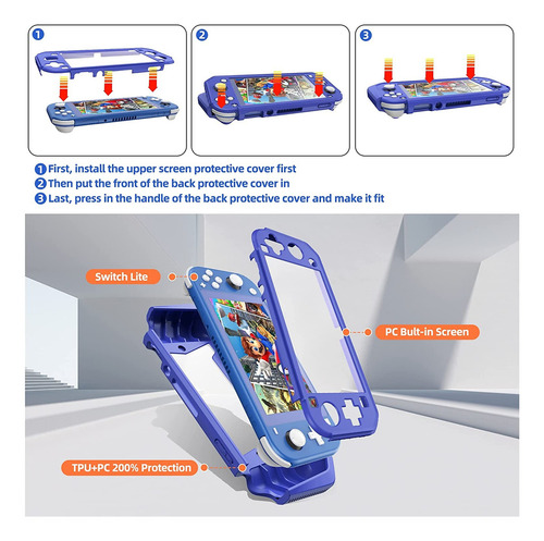 Dreamystore 3en1 el último traje de protección total, a prueba de agua, polvo y anticolisión, protector de pantalla integrado, la mejor sensación de la mano,Armour Funda Case Para Switch Lite Azul