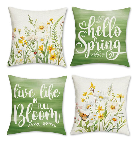 Funda De Almohada Hello Spring Set De 4, 45x45 Cm, Blanco-