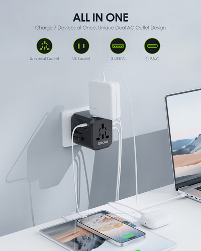 Epicka Adaptador de Viaje Universal Adaptador Internacional de Enchufes Con Doble Toma de Corriente Ac 2 Usbc de Carga Rápida Pd 35w y 3 Usba Cargador de Pared Mundial Todo en uno Ta205 Negro 127V