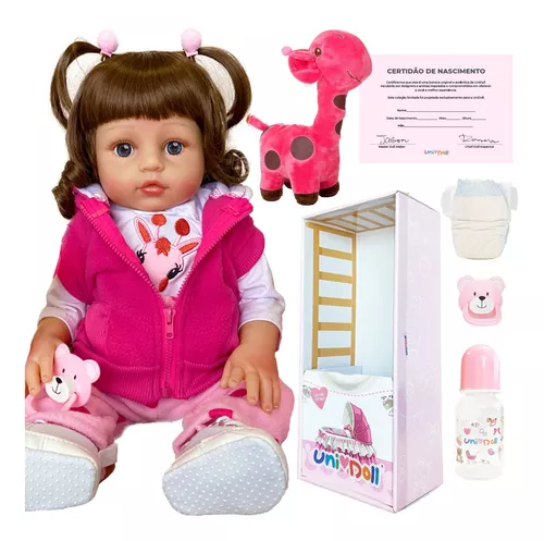 Boneca Bebê reborn menina 100% silicone pode dar banho criança presente  Original (Girafa Boneca 48cm)