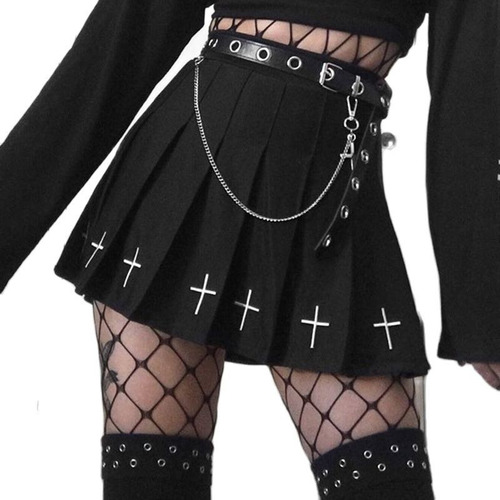 Minifalda Plisada Con Estampado De Cruz Punk Gótica Con Cint