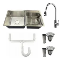 Comprar Fregadero De Cocina Maxims, Tarja Con Accesorios: Escurridor, Contracanasta, Cespol Y Monomando. Tarja De 2 Pilas De Acero Inoxidable Satinado.