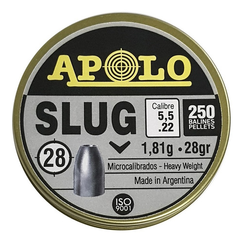 Imagen 2 de 10 de Balines Apolo Slug X250 5.5 Mm - Punta Solida Hueca 28 Gr