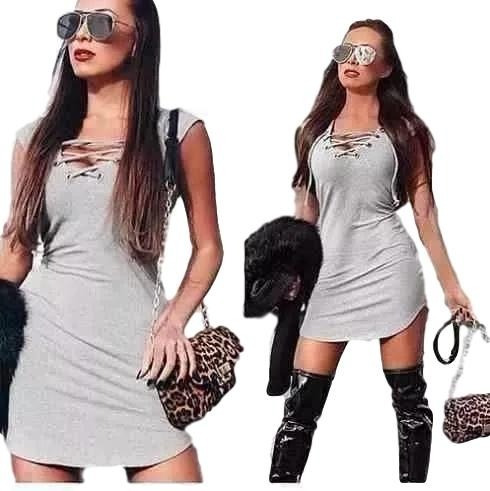 Vestido Curto Trançado Na Frente Com Ílhos Manga Curta