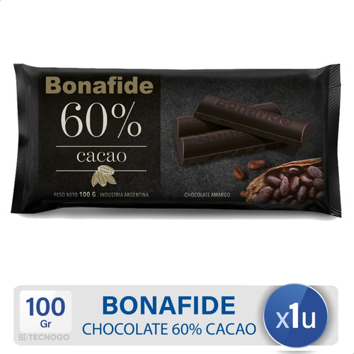 Barra De Chocolate Amargo Bonafide 60% Cacao 100 G