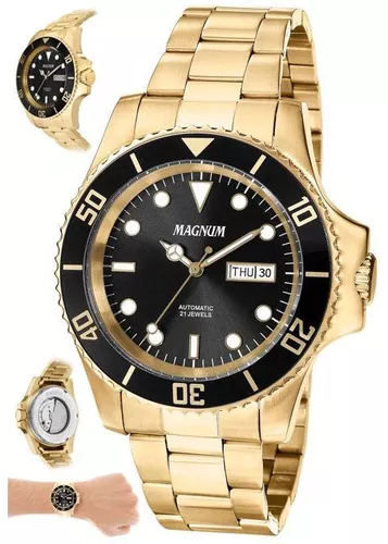 Relógio Magnum Masculino Dourado Pulseira Preta Prova D´agua