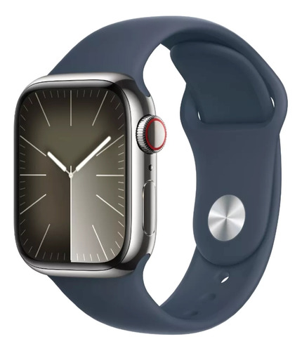 Apple Watch Series 9 GPS + Celular • Caja de acero inoxidable color plata de 45 mm • Correa deportiva azul tormenta - M/L - Distribuidor Autorizado
