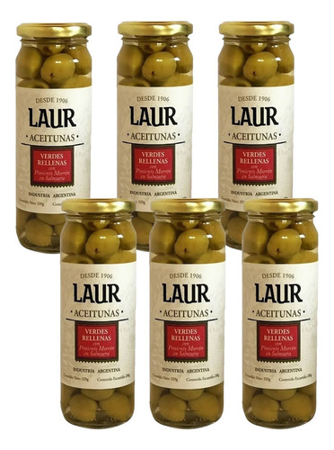 Combo 6 Laur Aceitunas Verdes Rellenas Con Morron X 200 Gr