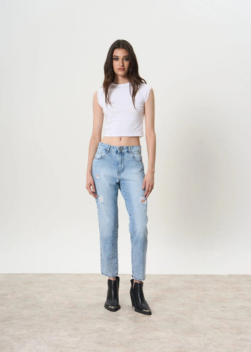 Pantalón Mom De Jean Rígido Con Roturas -miller-tiro Medio