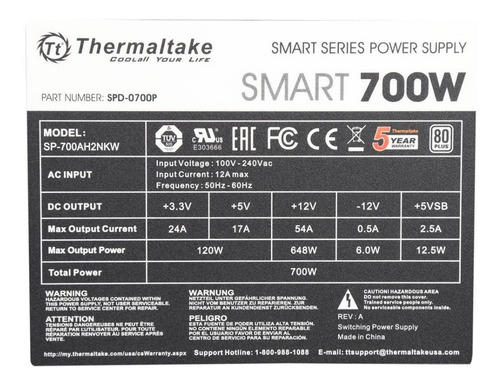 Fuente De Poder Thermaltake Smart 700 Watts 80 Plus Certific