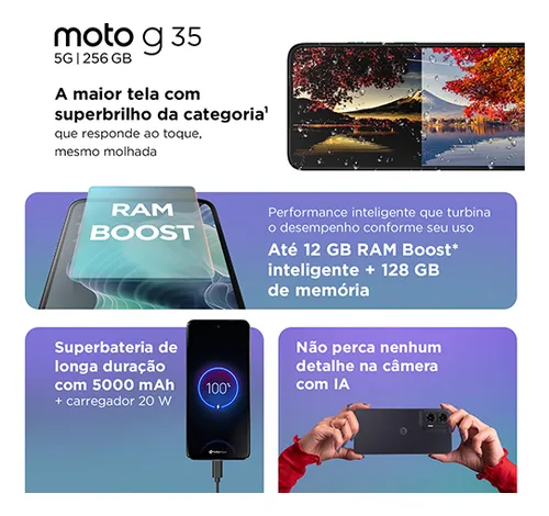 Smartphone Motorola Moto G35 5g - 256gb 12gb (4gb Ram+8gb Ram Boost) E Camera 50mp Com Ai Nfc Tela 6.7 Com Superbrilho - Coral - Vegan Leather