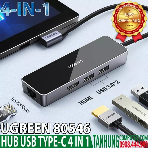 Hub USB-C Ugreen 80546  Puertos USB 3.0, HDMI 4K, RJ45