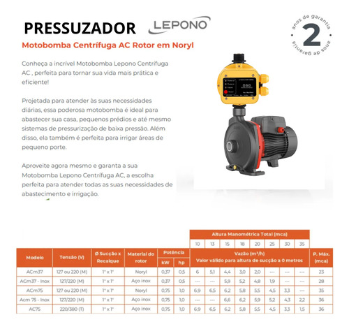 Bomba Pressurizador De Agua Lepono 1 Cv Com Pressostato