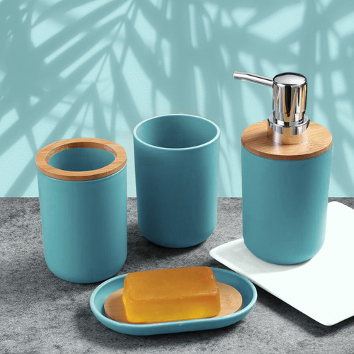 ** Accesorios De Baño Set De 4 Piezas Con Detalles De Bambu