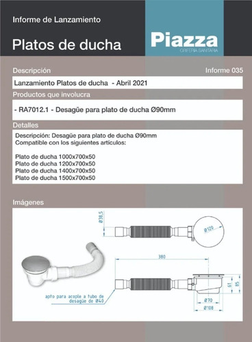 Imagen 2 de 6 de Desague Sopapa Codo Receptaculo Plato Piazza Americana 90mm