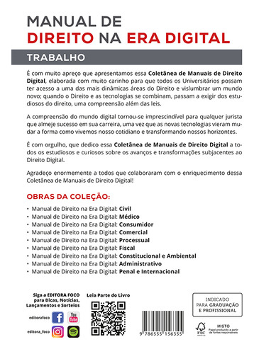 Manual De Direito Na Era Digital: Trabalho, De Junquilho Aguiar., Vol. 1. Editorial Editora Foco, Capa Mole Em Português, 2023