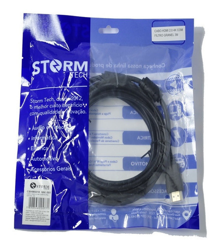 Cabo Hdmi 3 Metros 2.0 4k Com Filtro Banhado A Ouro Storm