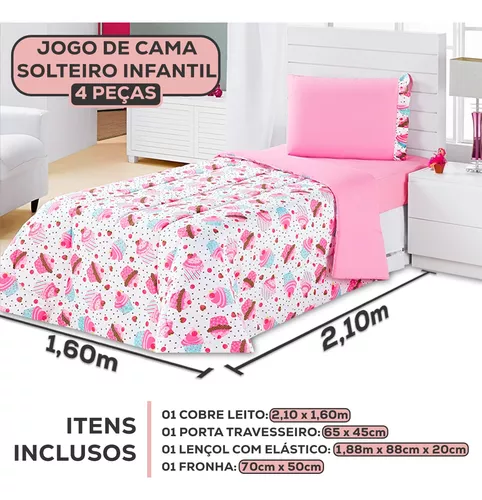 Jogo Cama Solteiro Infantil Menina + Lençol Rosa Kit 4 Peças