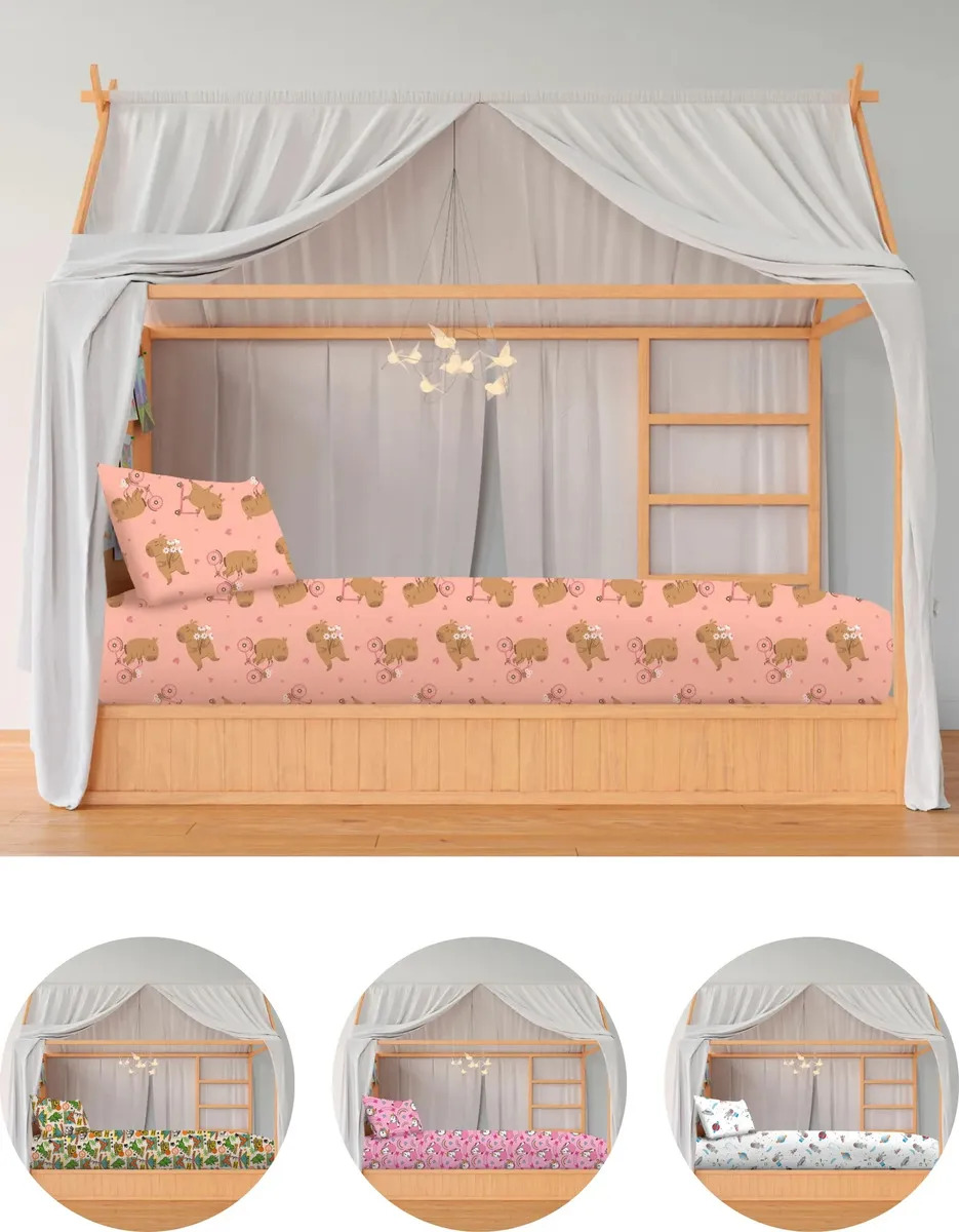 Jogo Lençol Mini Cama Montessoriana Infantil 2 Peças com Elástico Malha Capivara Rose Menina Roupa de Cama Berço Lavável em Maquina Criança - 70% Algodão 30% Poliéster - 70x150x15cm - Renova Enxovais
