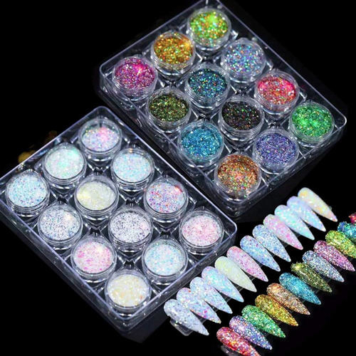 24 Color Nail Glitter Powder Sparkle Holographic Selents Fla