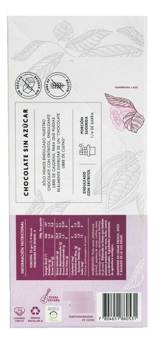 Chocolate Sin Azúcar 62% Cacao Org Manare 100g Andina Grains