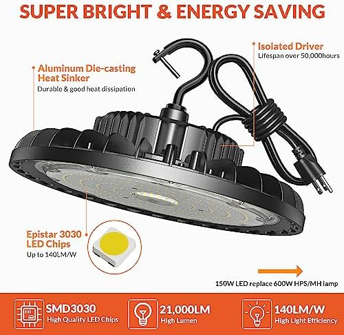 Luz Led De Alta Bahía De 150 W, 21,000 Lm, 5000 K, Luz Diurn