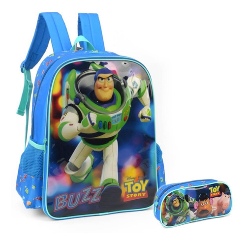 Mochila Buzz Toy Story De Costas Com Estojo Escolar Meninos Cor Azul