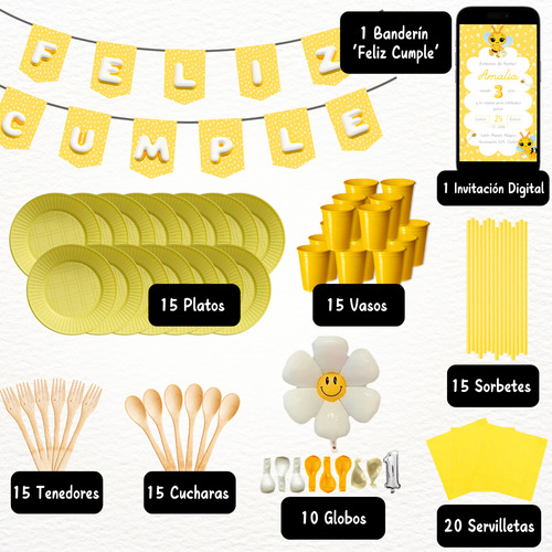 Kit Cumple Abejita Chiquita Mesa Descartable Invitación X15u Amarillo Abejita Chiquitita