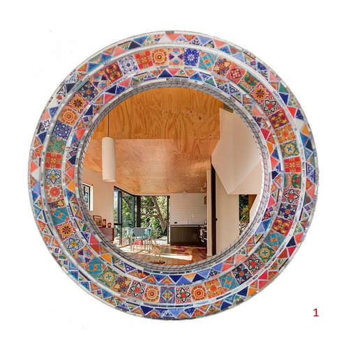 Imagen 1 de 1 de Espejo Circular De Latón Y Azulejo De Talavera 87 Cm M1 Spj