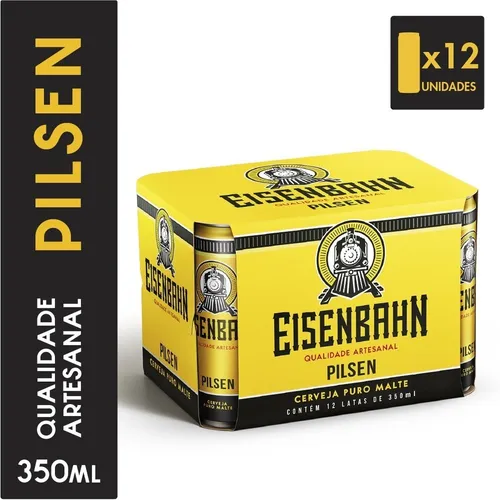 Caixa de cerveja Eisenbahn Pilsen com 12 latas de 350ml, embalagem amarela e preta com trem estilizado