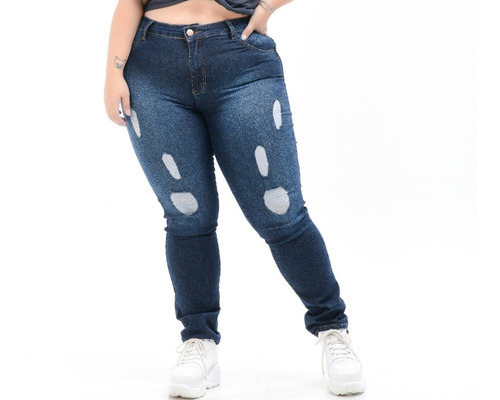 Calça Plus Size Feminina Jeans Rasgada Destroyed Cós Alto