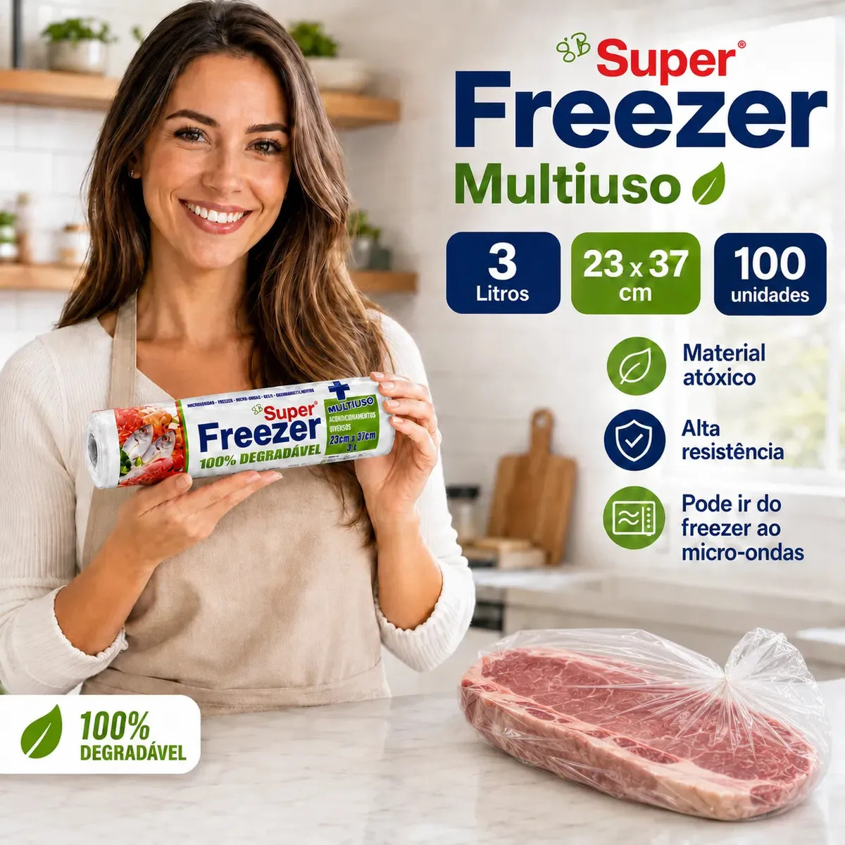Sacos Plásticos Freezer 1 Rolo destacável 3 Litros 100 Unidades para alimentos e multiuso