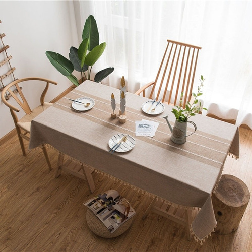 Mantel De Comedor Rectangular Con Borlas De Lino Y Algodón