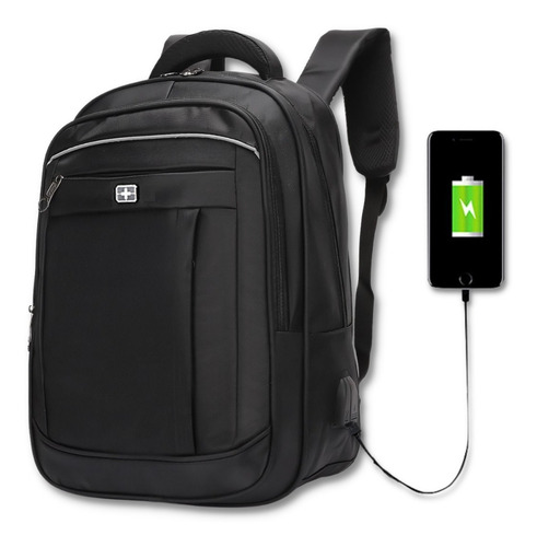 Mochila Saída Usb Notebook 15,6 Impermeável Resistente Cor Preto Usb Desenho Do Tecido Liso